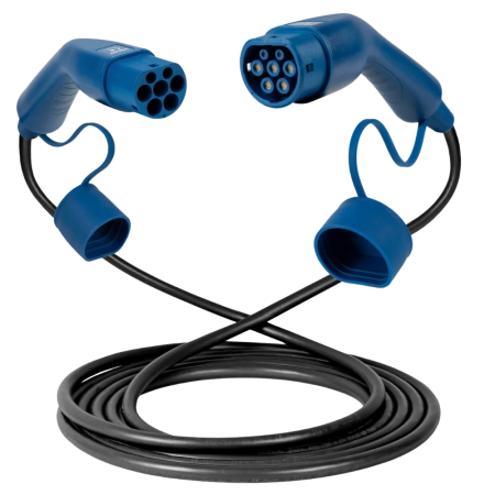 Cable compatible con la mayoría de vehículos eléctricos y puntos de carga. Los cabezales son de color azul, y el cable negro.