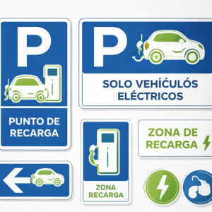 El kit de señalización para puntos de recarga permite identificar claramente las zonas destinadas a vehículos eléctricos. Esta señalización para puntos de recarga incluye vinilos, señales y elementos visuales. Las señales son de color azul y verde