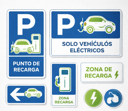 El kit de señalización para puntos de recarga permite identificar claramente las zonas destinadas a vehículos eléctricos. Esta señalización para puntos de recarga incluye vinilos, señales y elementos visuales. Las señales son de color azul y verde