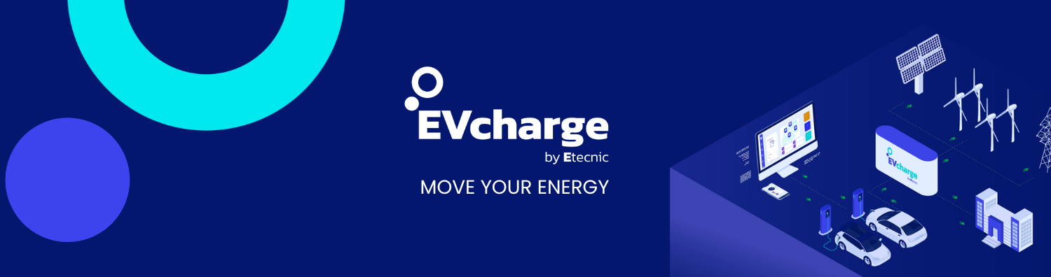 logo de EVcharge by Etecnic en un fondo azul. Con dibujos de ordenadores, coches,etc. al lado