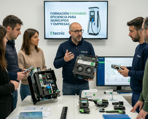 Equipo técnico de Etecnic durante una sesión de formación técnica, analizando y manipulando componentes internos de estaciones de carga de vehículos eléctricos.