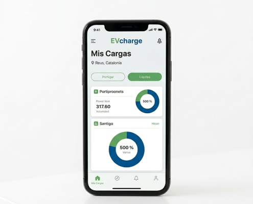 Primer plano de un smartphone mostrando la aplicación EVcharge de Etecnic, con la interfaz de gestión y datos de recarga para Reus, Cataluña.