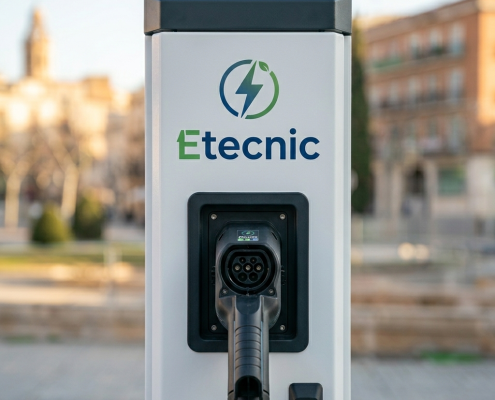 Punto de recarga rápido para vehículos eléctricos de Etecnic, mostrando la interfaz de conexión y mangueras en una plaza urbana de Reus, Cataluña.